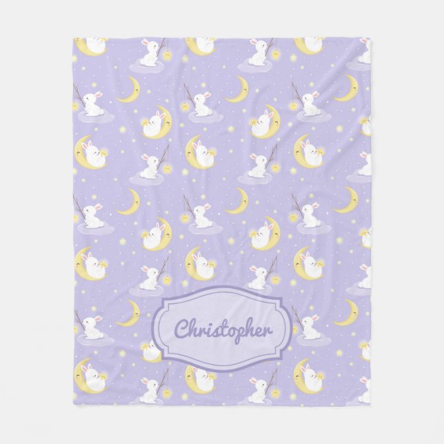 Purple and yellow cutte bunny with moon stars fleece blanket (Front)