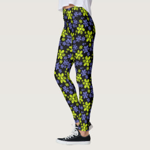 Purple and Yellow Daisies w/Black Background Leggings