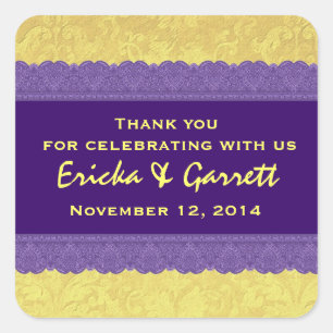 Purple and Yellow Damask Thank You Wedding R322 Square Sticker