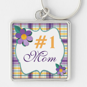 Purple and Yellow Floral on Plaid  #1 Mom Keychain
