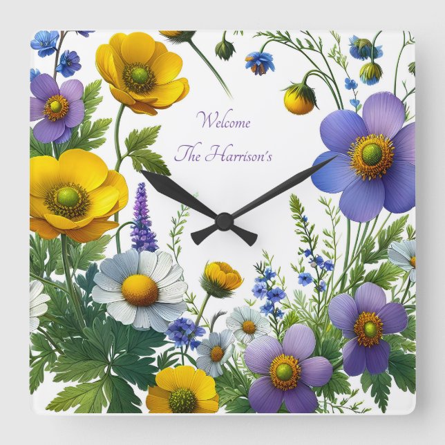 Purple and yellow flower customize text square wall clock (Front)