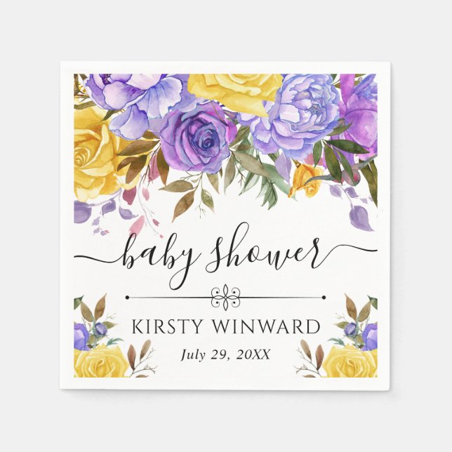 Purple and Yellow Flowers Baby Shower Napkin (Front)