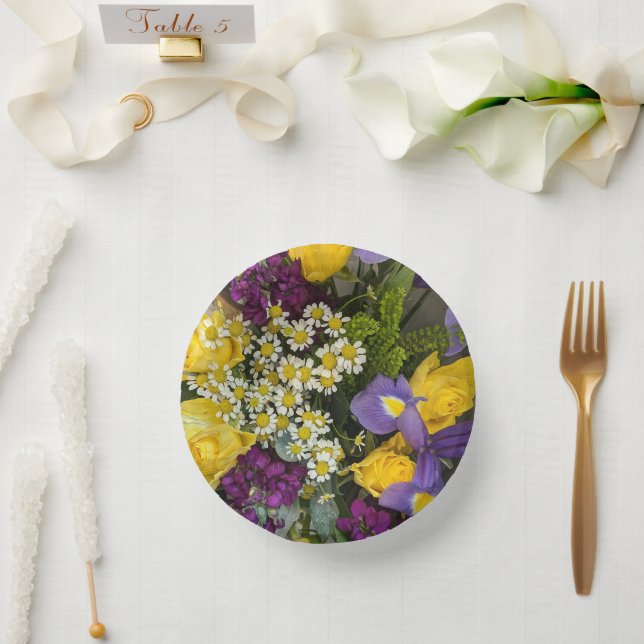 Purple and yellow flowers paper plate (Wedding)