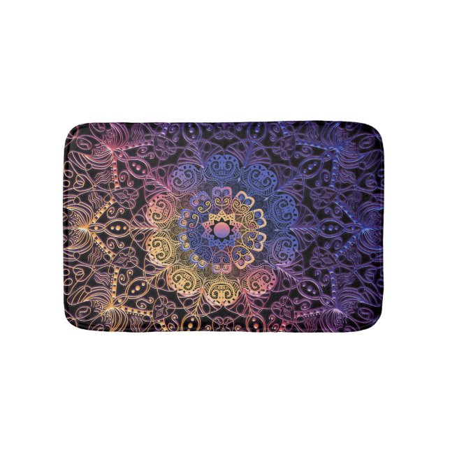 Purple and yellow mandala: hand-drawn design bath mat (Front)