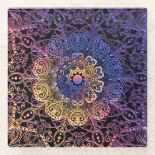 Purple and yellow mandala: hand-drawn design glass coaster