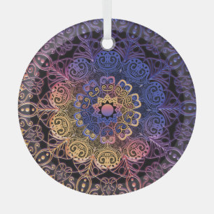 Purple and yellow mandala: hand-drawn design glass ornament