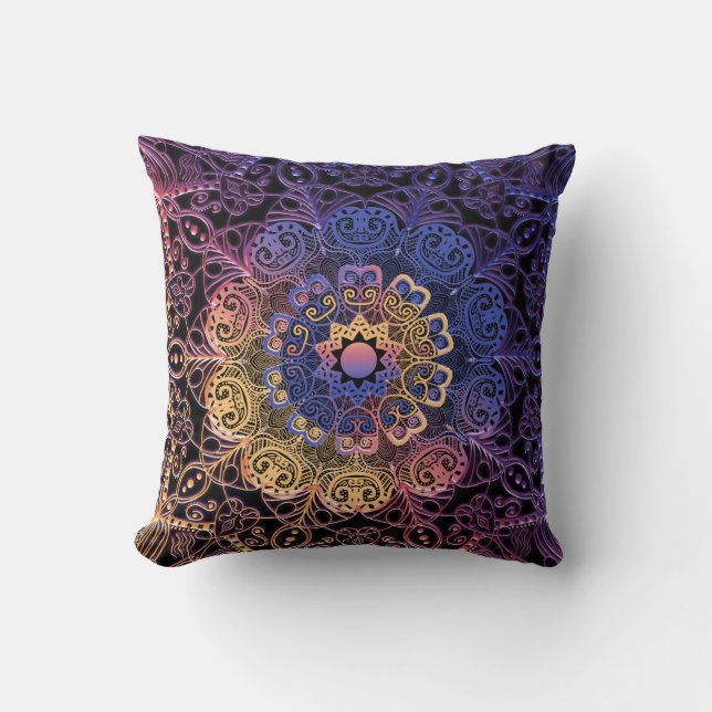 Purple and yellow mandala: hand-drawn design throw pillow (Front)