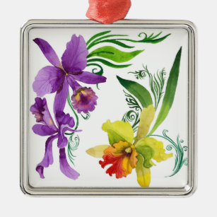 Purple and Yellow Orchid Flowers Watercolour Metal Ornament