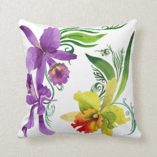 Purple and Yellow Orchid Flowers Watercolour Throw Pillow