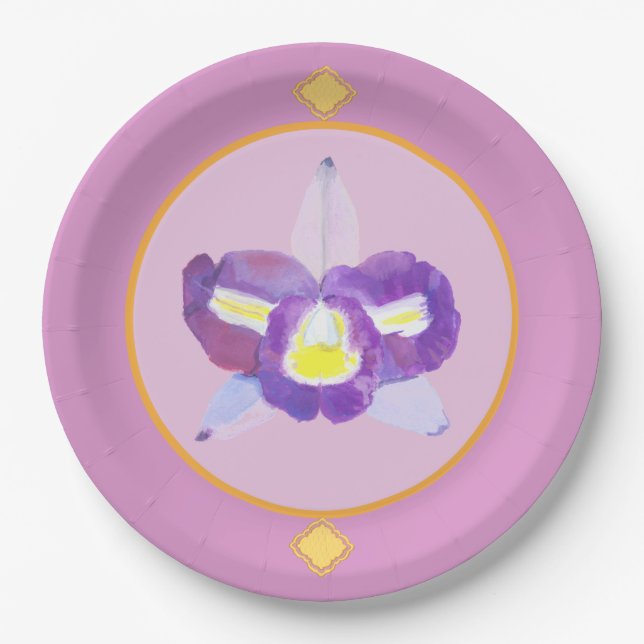Purple and Yellow Orchid Paper Plates (Front)