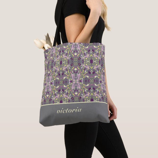 Purple and Yellow Paint Splatter Tote Bag (Close Up)