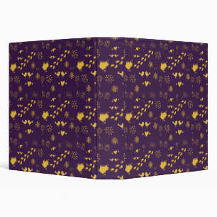 purple and yellow pattern of birds, dots, binder
