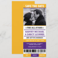 Purple and Yellow Sports Ticket Save the Date