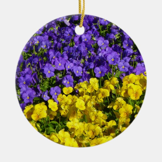 Purple and Yellow Violas Colourful Floral Ceramic Ornament (Front)