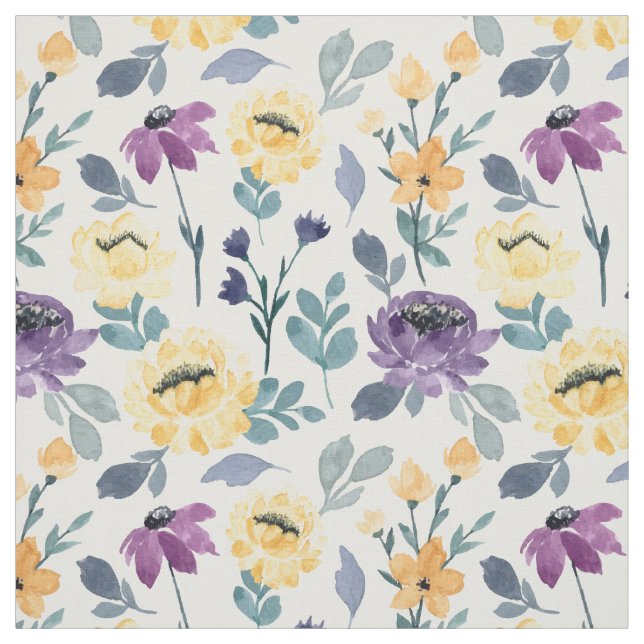 Purple and yellow watercolor flowers fabric (Swatch)