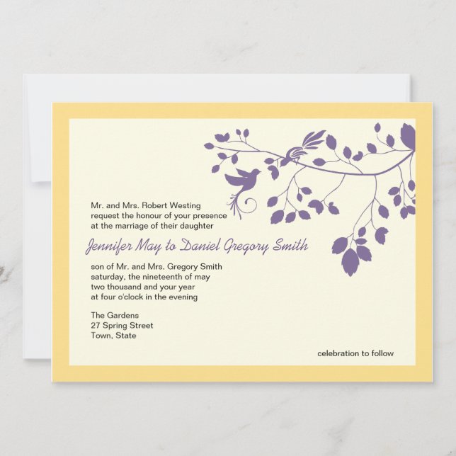 Purple And Yellow Wedding Invites Love Birds (Front)