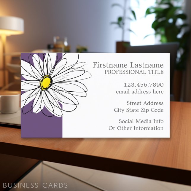 Purple and Yellow Whimsical Daisy Custom Text Business Card (Personalized Printed Business Cards)
