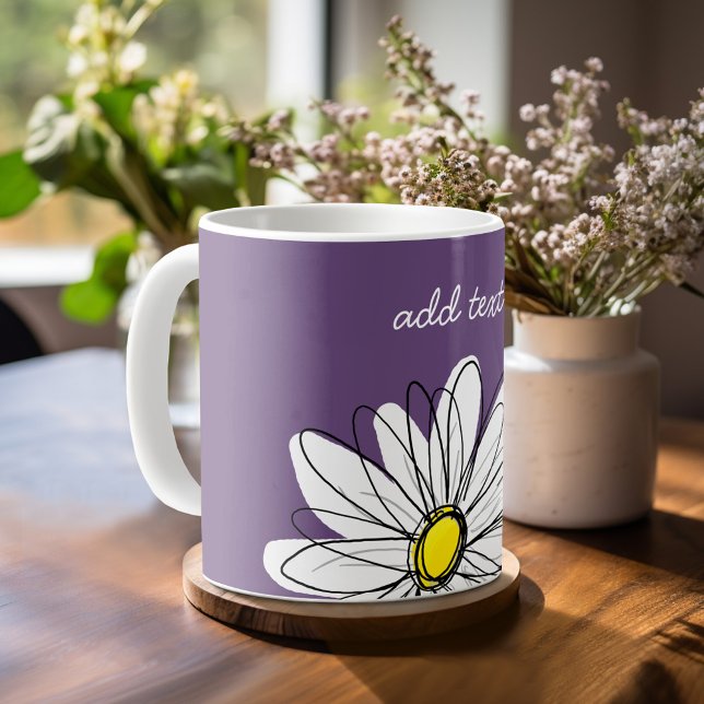 Purple and Yellow Whimsical Daisy Custom Text Coffee Mug (Whimsical Daisy Mug with an area for text such as a name or other fun event)