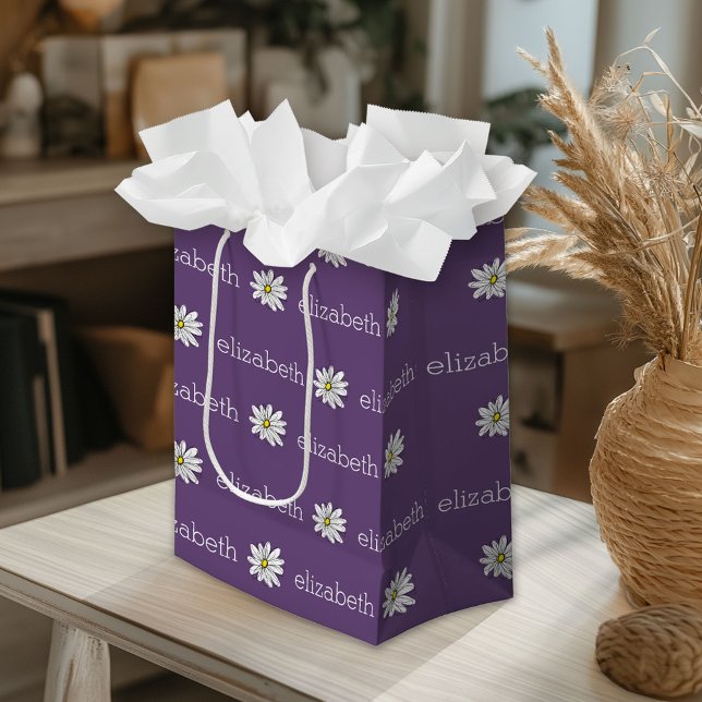 Purple and Yellow Whimsical Daisy Custom Text Medium Gift Bag (Custom Gift Bag)