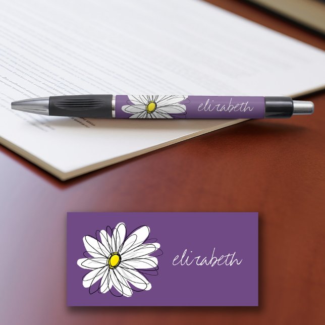 Purple and Yellow Whimsical Daisy Custom Text Pen (Personalized writing pens - add your name or other text)