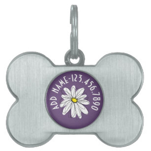 Purple and Yellow Whimsical Daisy Custom Text Pet Name Tag