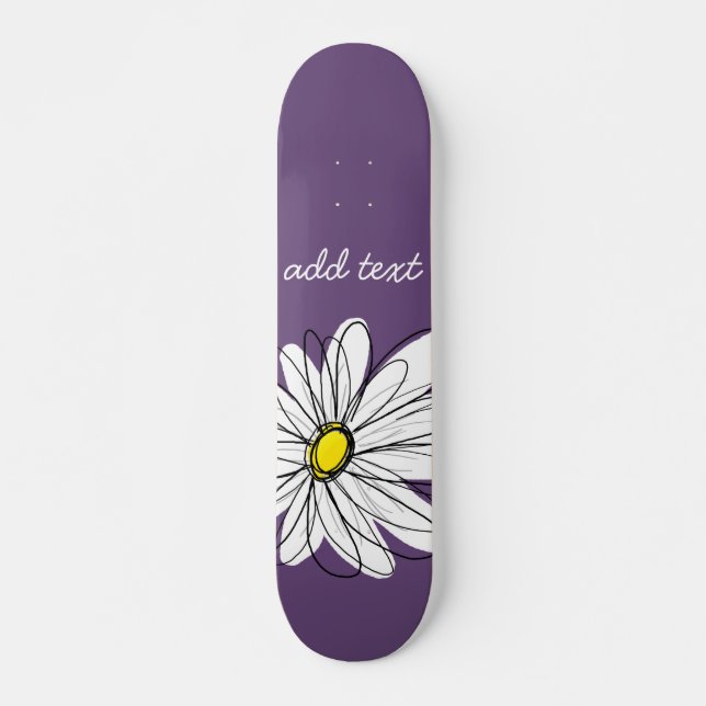 Purple and Yellow Whimsical Daisy Script Text Skateboard (Front)