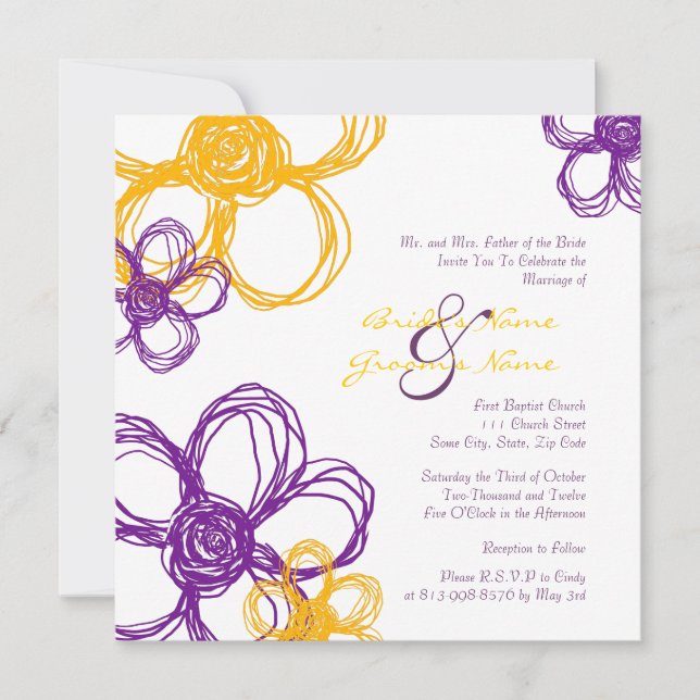 Purple and Yellow Wild Flowers Wedding Invitation (Front)