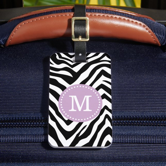 Purple and Zebra Print Custom Monogram Luggage Tag (Front Insitu 2)