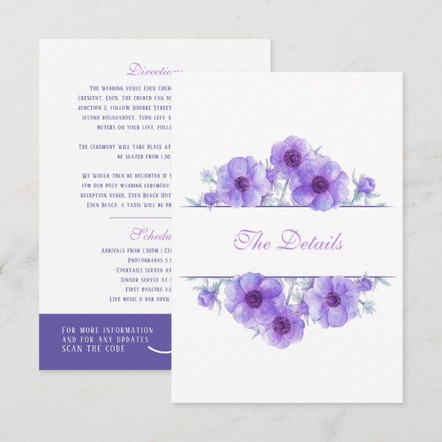 Purple anemone floral wedding details QR code Enclosure Card (Front/Back)