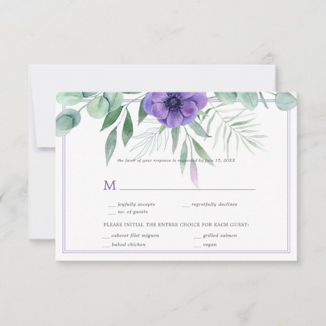Purple Anemone Greenery Border RSVP Invitation (Front)