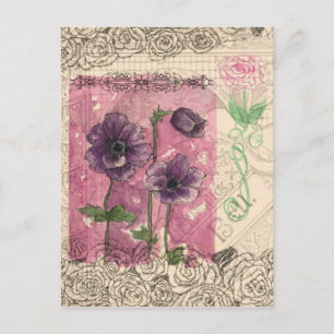 Purple Anemone Roses Watercolor Collage Art Postcard