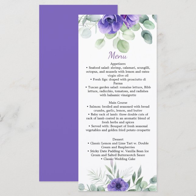 Purple Anemones and Greenery Wedding Menu (Front/Back)