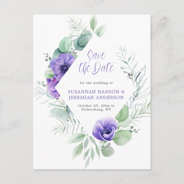 Purple Anemones Greenery Frame Save the Date Announcement Postcard (Front)