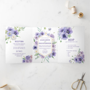 Purple Anemones Roses Daisies Hydrangeas Wedding Tri-Fold Invitation