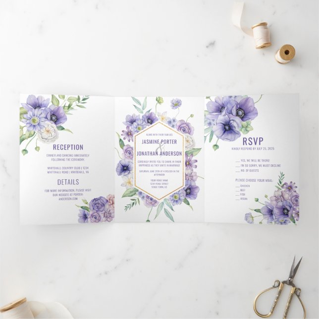 Purple Anemones Roses Daisies Hydrangeas Wedding Tri-Fold Invitation (Inside)