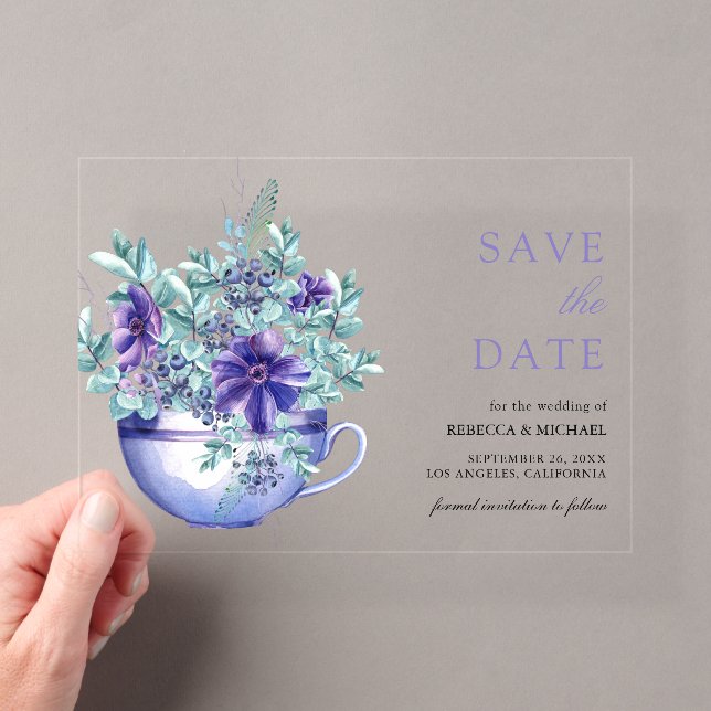 Purple Anemones Tea Cup Wedding Save the Date Acrylic Invitations (Insitu (Handheld))
