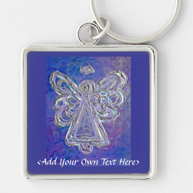 Purple Angel Silver Wings Keychain Customized Text (Front)