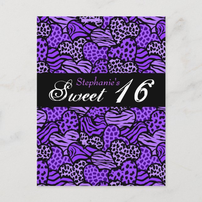 Purple animal pattern hearts Sweet 16 Postcard (Front)