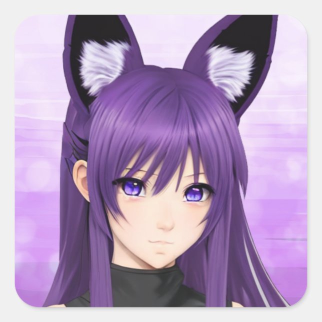 Purple Anime Girl with Fox Ears  Square Sticker (Front)