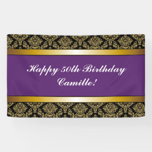 Purple Any Age Gold Damask Birthday Banner