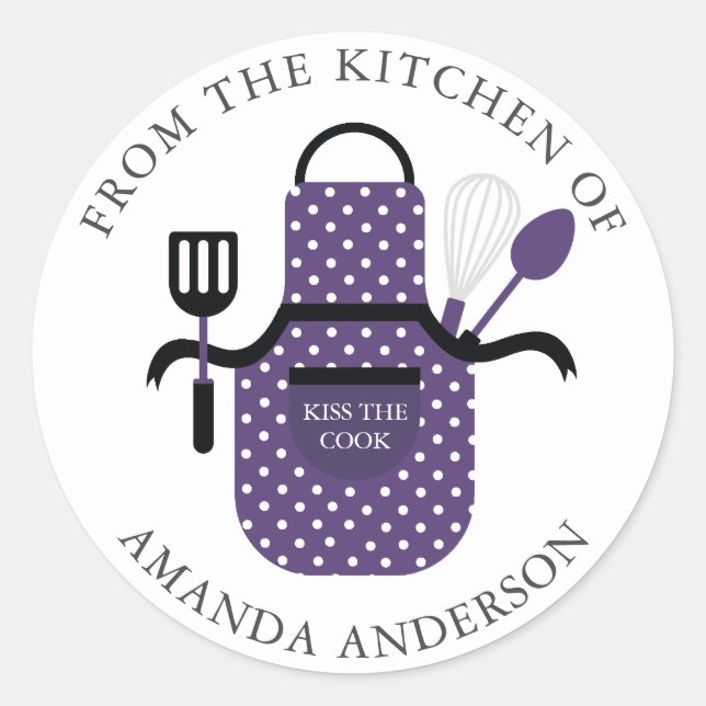 Purple Apron Kiss the Cook From the Kitchen of Classic Round Sticker (Front)