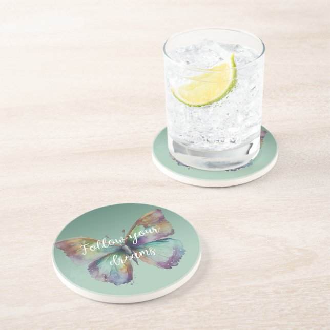 Purple Aqua Blue Gold Mint Butterflies Coaster (Side)