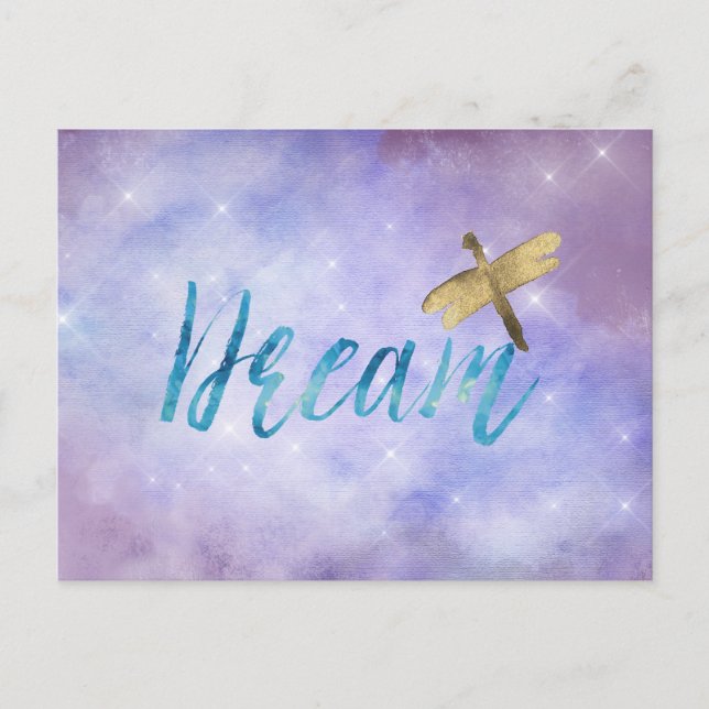 Purple Aqua Dream Gold Dragonfly Postcard (Front)