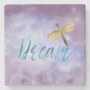 Purple Aqua Dream Gold Dragonfly Stone Coaster