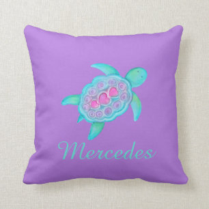 Purple aqua filles nom tortue art coussin coussin