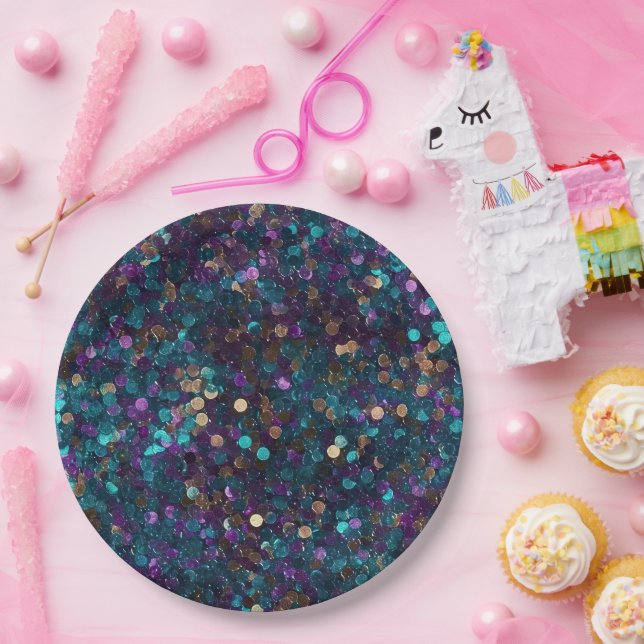 Purple Aqua Glam Gold Mermaid Sparkle Paper Plate (Party)
