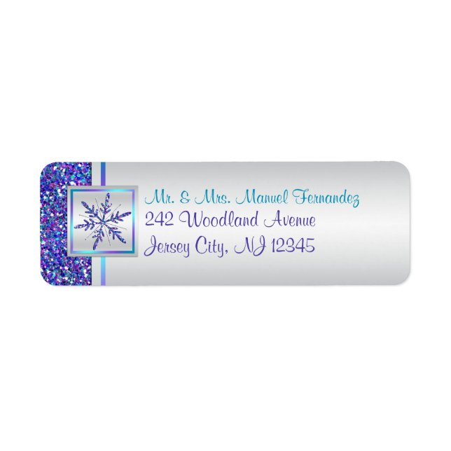 Purple Aqua Glitter Snowflake Return Address Label (Front)