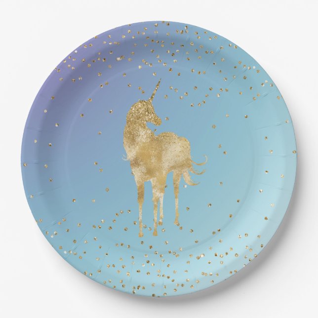 Purple Aqua Gold Sparkle Unicorn Paper Plate (Front)