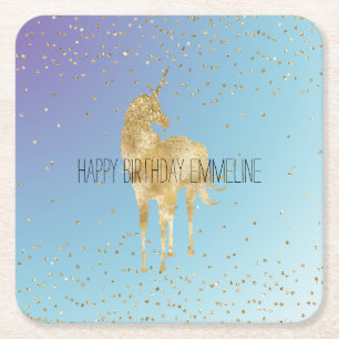 Purple Aqua Gold Sparkle Unicorn    Square Paper Coaster