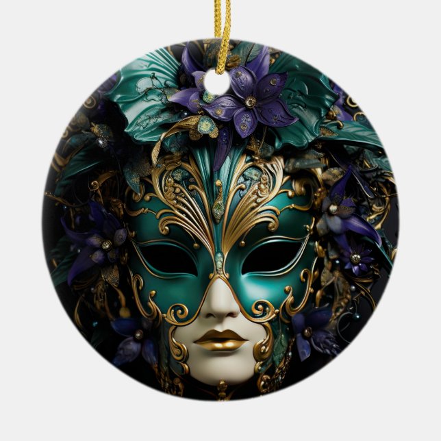 Purple Aqua Masquerade Masks Mardi Gras Drama Ceramic Ornament (Front)